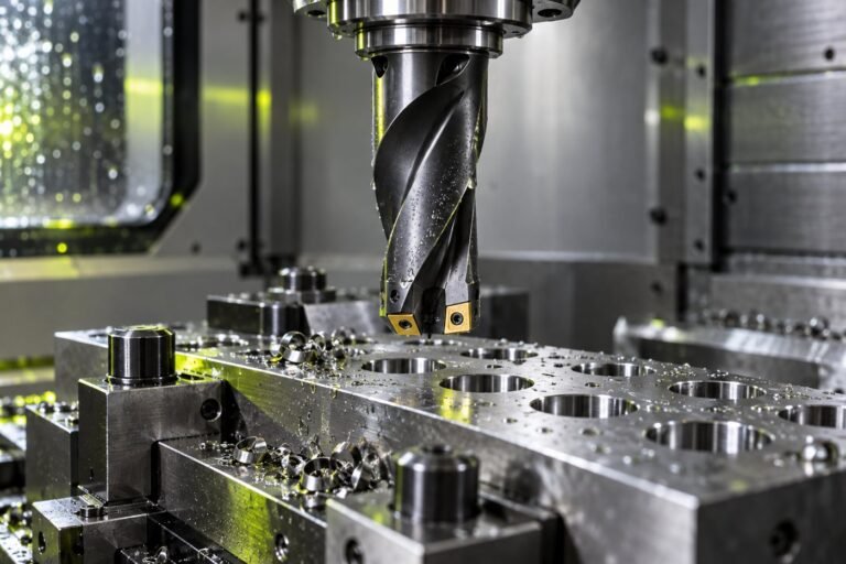 Conceptual illustration of an indexable drill above a securely clamped workpiece