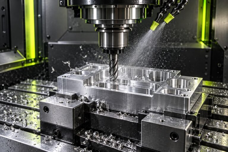 Illustration of an end mill machining an aluminium workpiece
