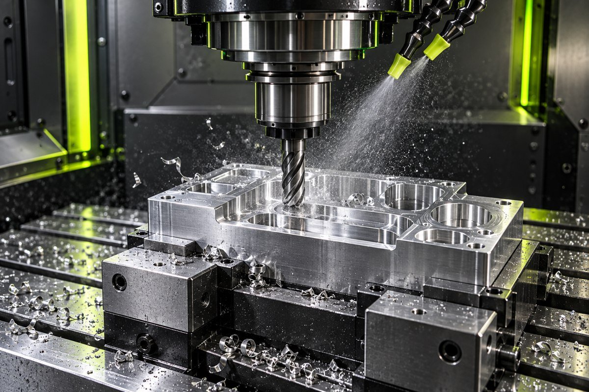 Illustration of a CNC end mill machining aluminium