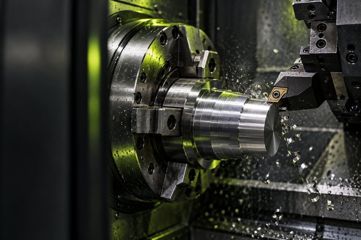 Conceptual CNC turning illustration: carbide insert cutting a clamped steel workpiece